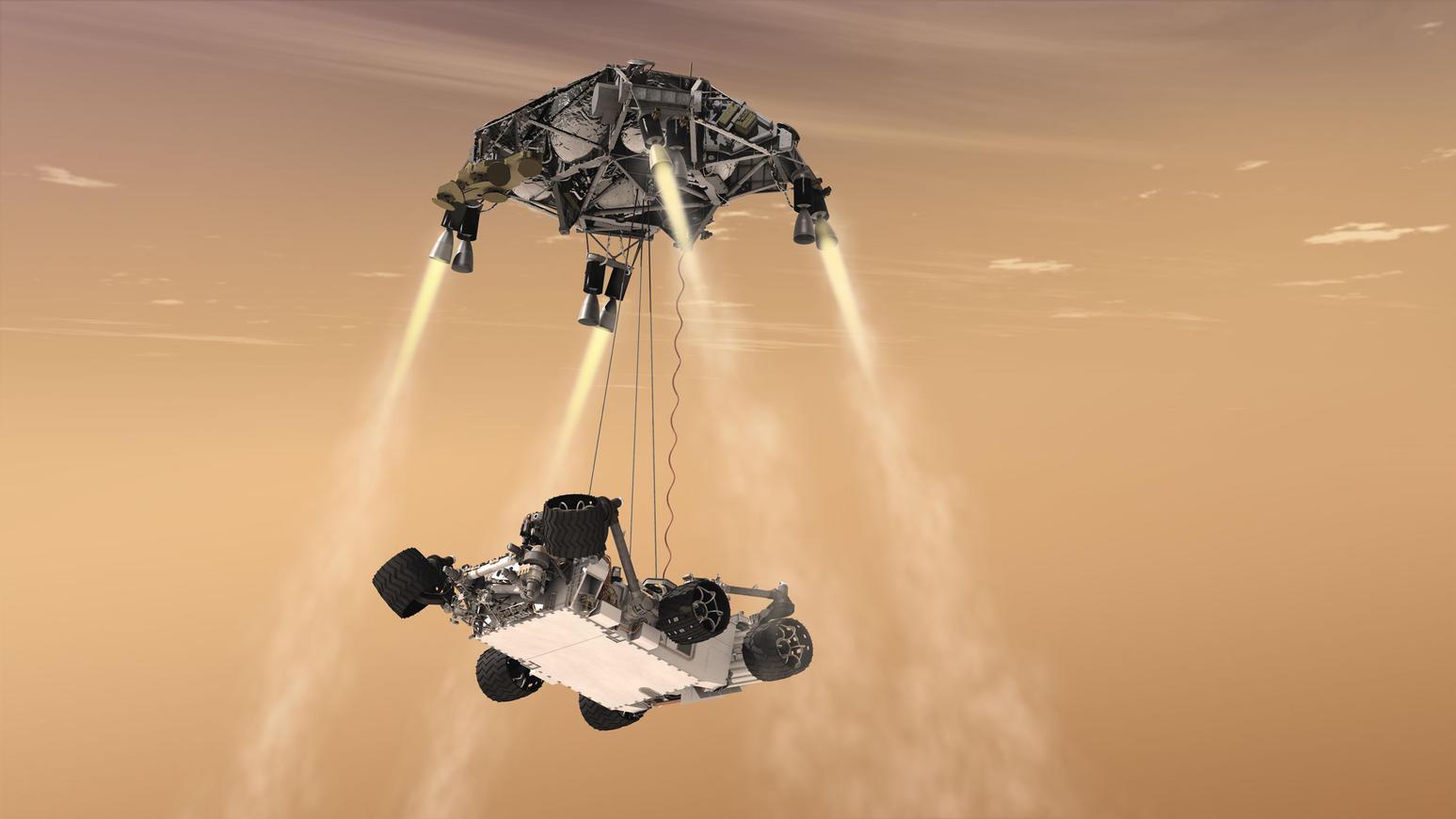Artist’s illustration of the skycrane that lowered Curiosity to the surface. Credit: NASA/JPL
