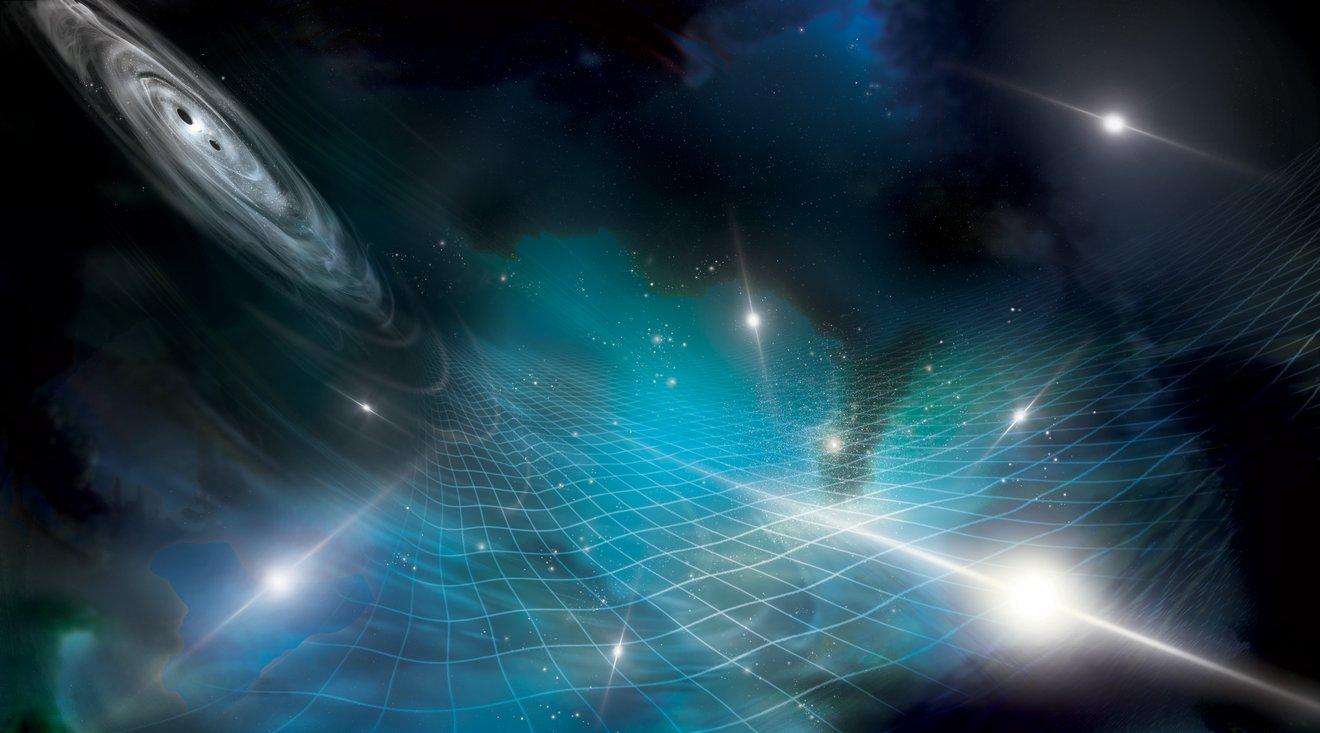 Illustration showing stars, black holes, pulsars, and a grid representing spacetime. Credit: NANOGrav/Aurore Simonnet.