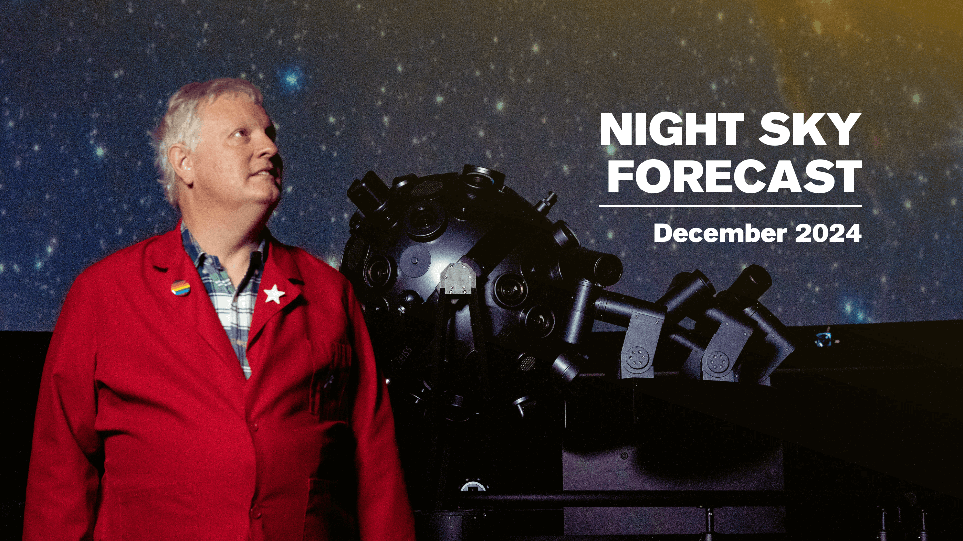 Chuck Wilcox and a starry background with text reading Night Sky Forecast December 2024