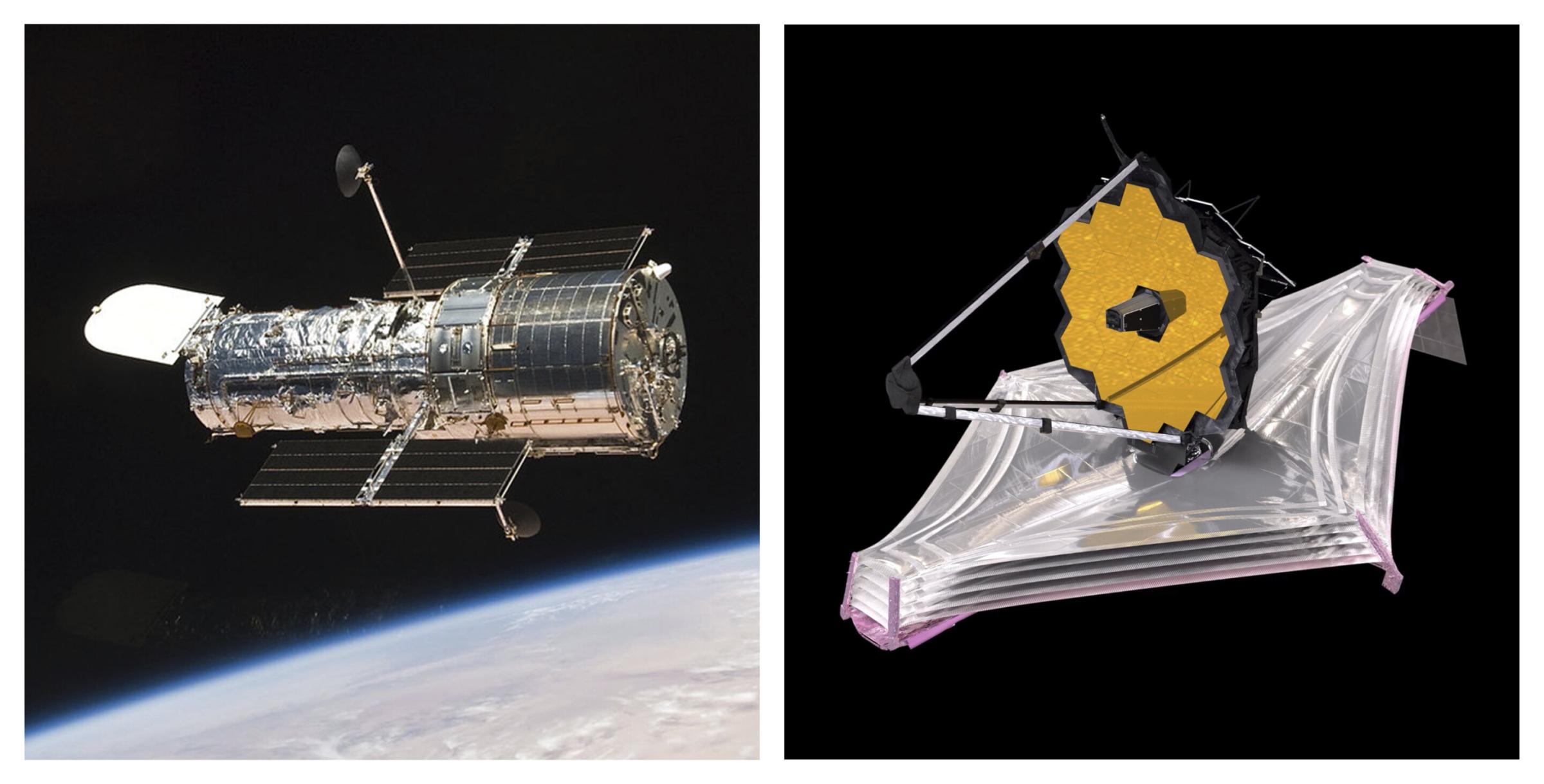 An image of the Hubble Space Telescope and an artist’s illustration of the James Webb Space Telescope. Credit: NASA