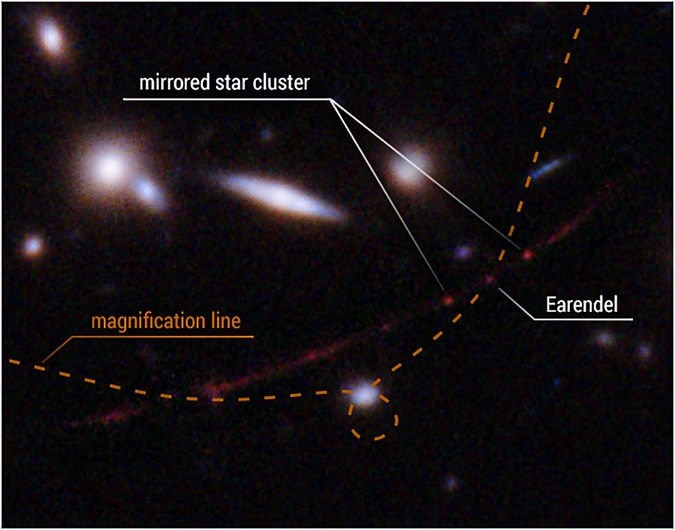 The location of the magnification ripple that magnifies Earendel so much. Credit: NASA/ESA/Brian Welch/Dan Coe/Alyssa Pagan