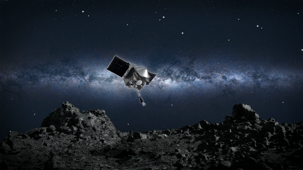 An illustration of OSIRIS-REx descending to the surface of Bennu. Credit: NASA/Goddard/University of Arizona