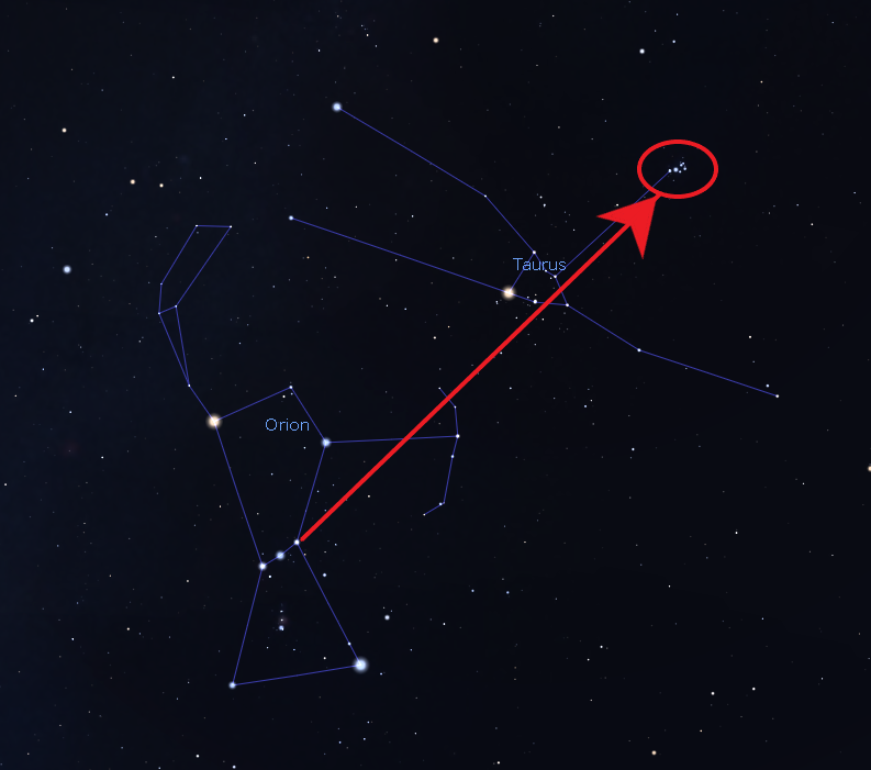 Orion’s belt can help you find the Pleiades in the night sky. Credit: Stellarium