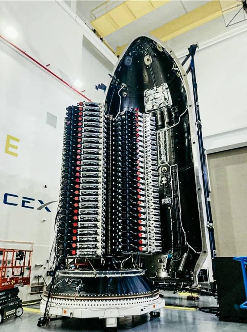 A stack of SpaceX Starlink satellites, part of a large satellite constellation, is prepared for loading into a rocket for launch. Credit: SpaceX
