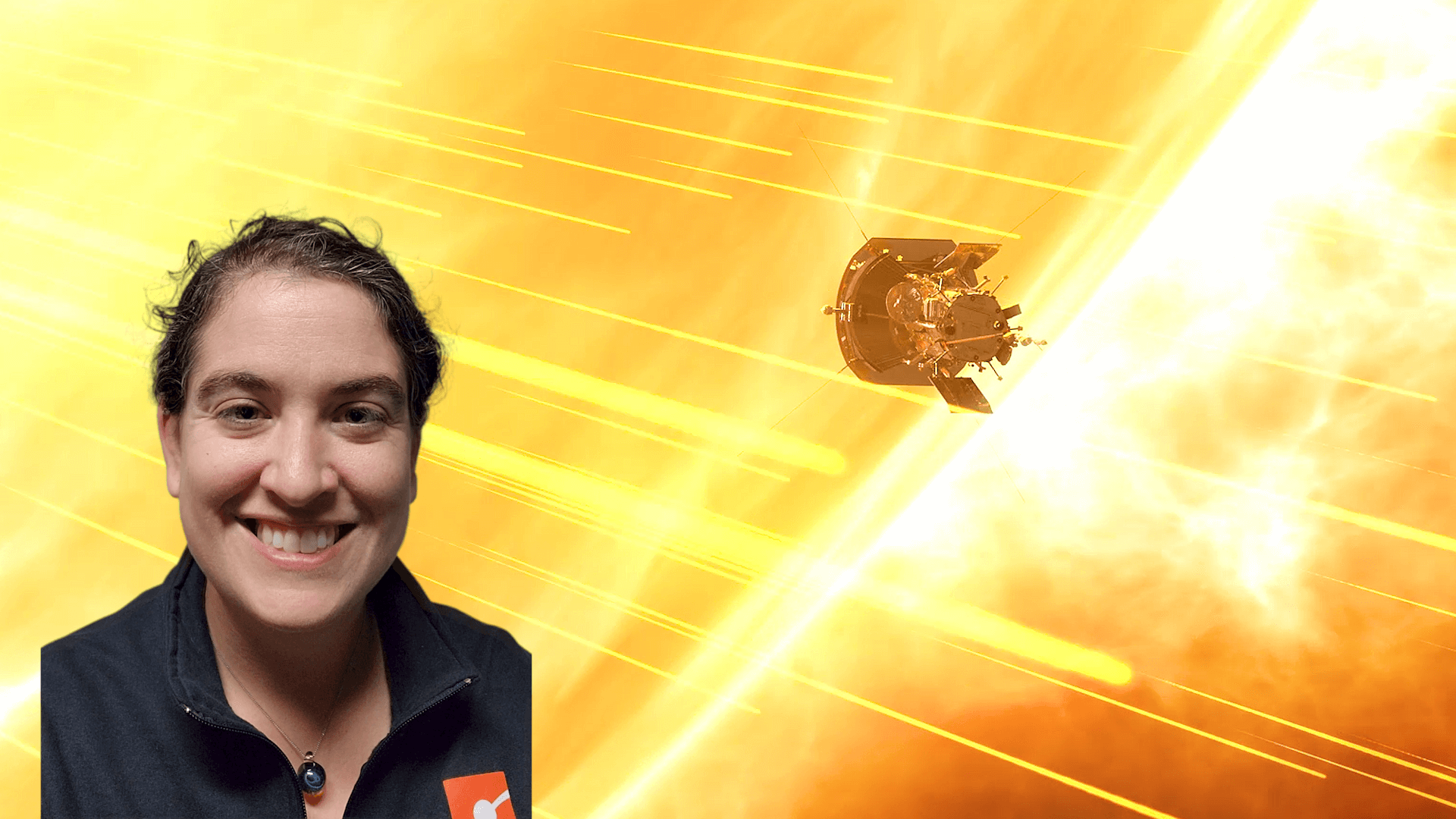Talia Sepersky with an image of the Parker Solar Probe approaching the Sun