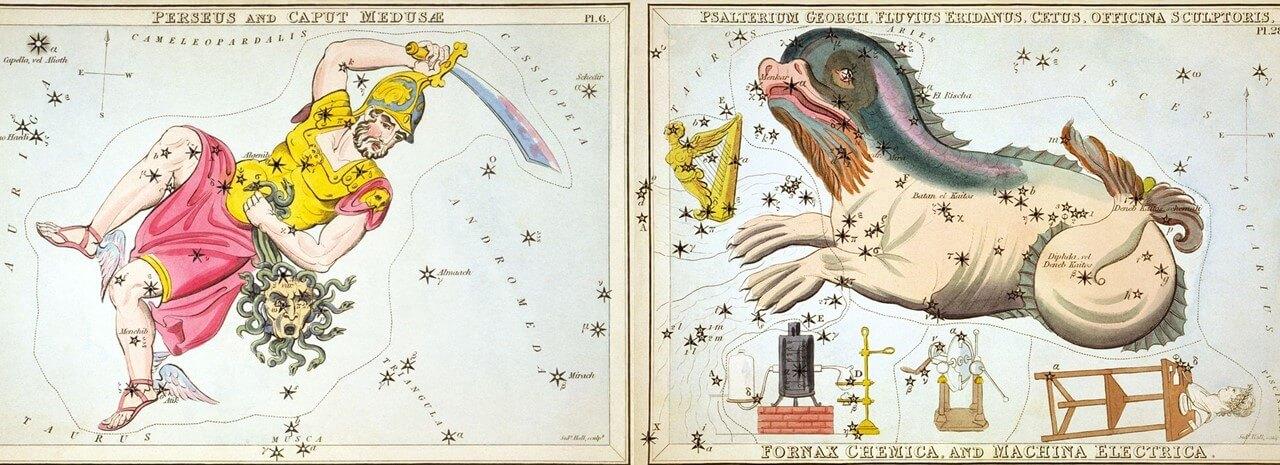 Artwork from Urania’s Mirror (1825) depicting the constellations Perseus (featuring the star Algol) and Cetus (featuring the star Mira). Credit: Wikimedia Commons