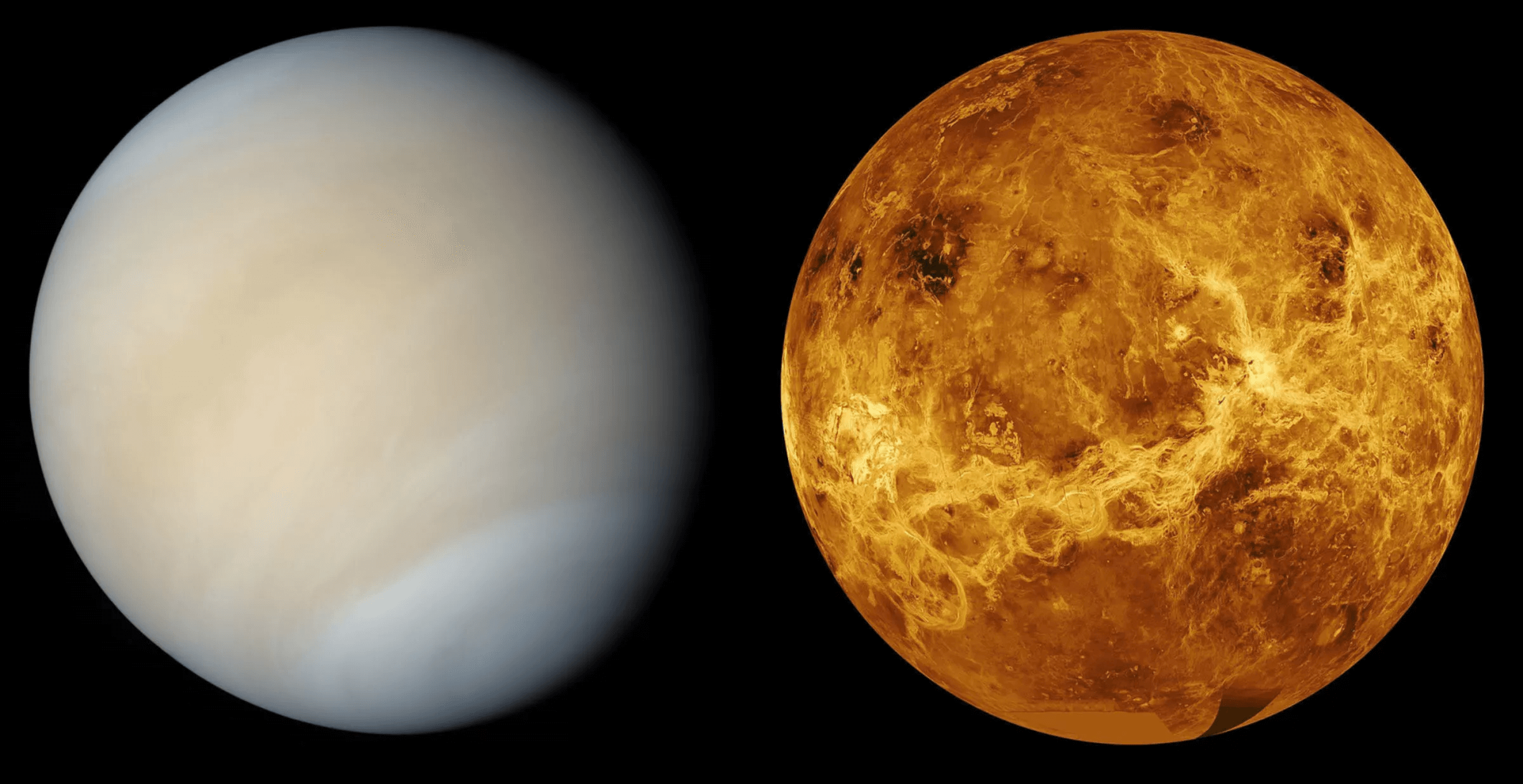 Venus as it appears with its thick atmosphere (left) and a radar view of the surface (right). Credit: NASA/JPL/Mattias Malmer