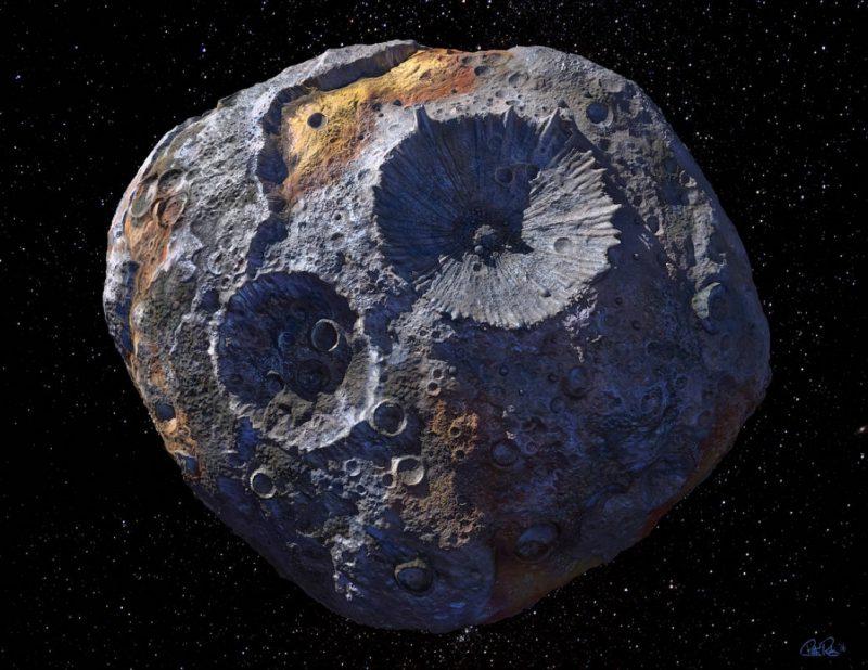 An artist’s illustration of the asteroid 16 Psyche. Credit: Maxar/ASU/NASA/JPL-Caltech/P. Rubin