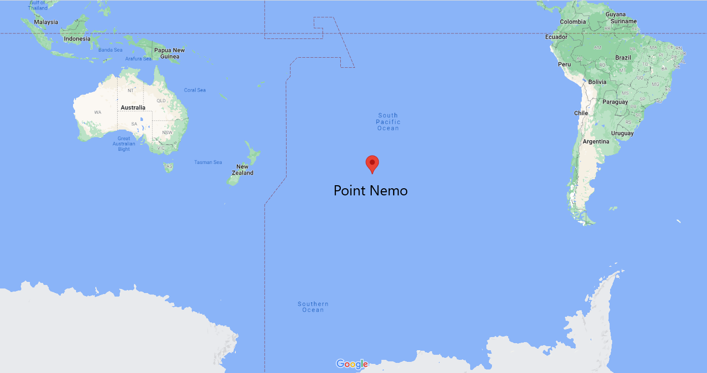 A map showing the location of Point Nemo, the spot on Earth farthest from land and home to the Spacecraft Cemetery. Credit: Google Maps