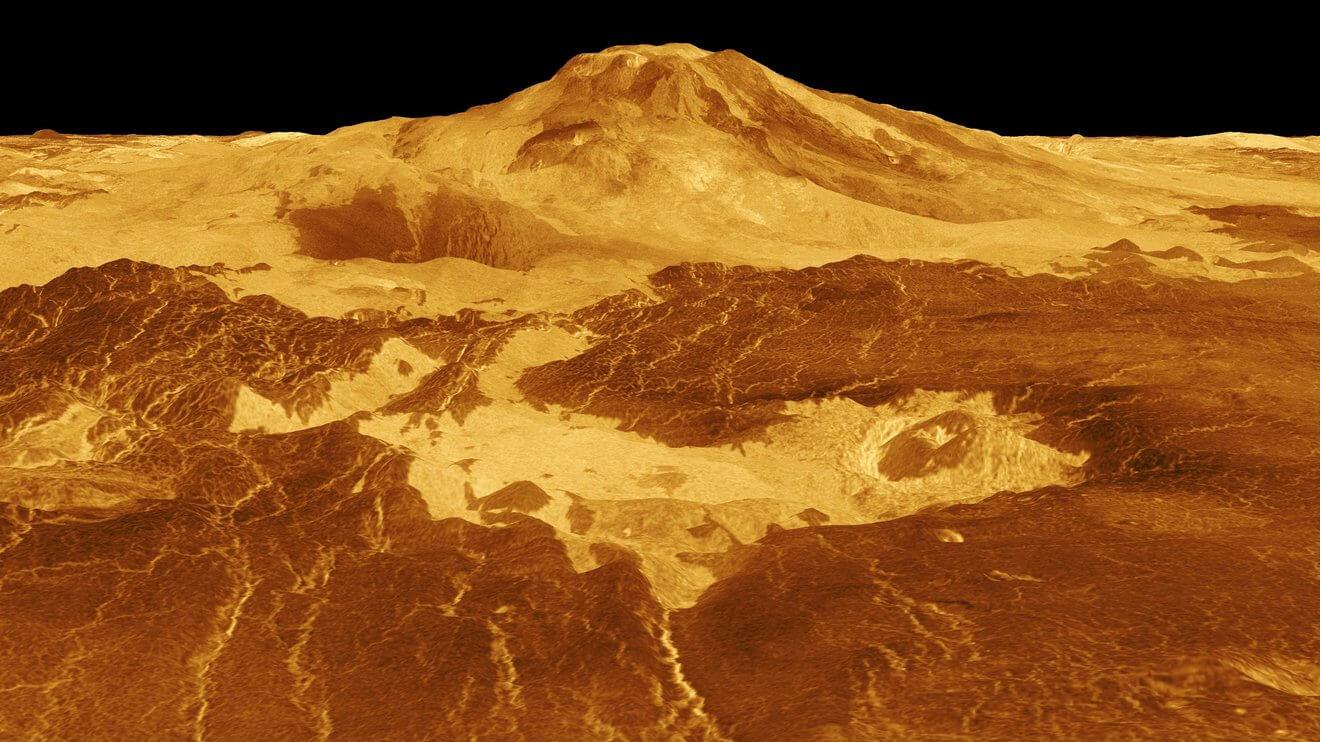 A computer generated image of Maat Mons, the mountain that proved Venus is still volcanically active. Credit: NASA/JPL-Caltech