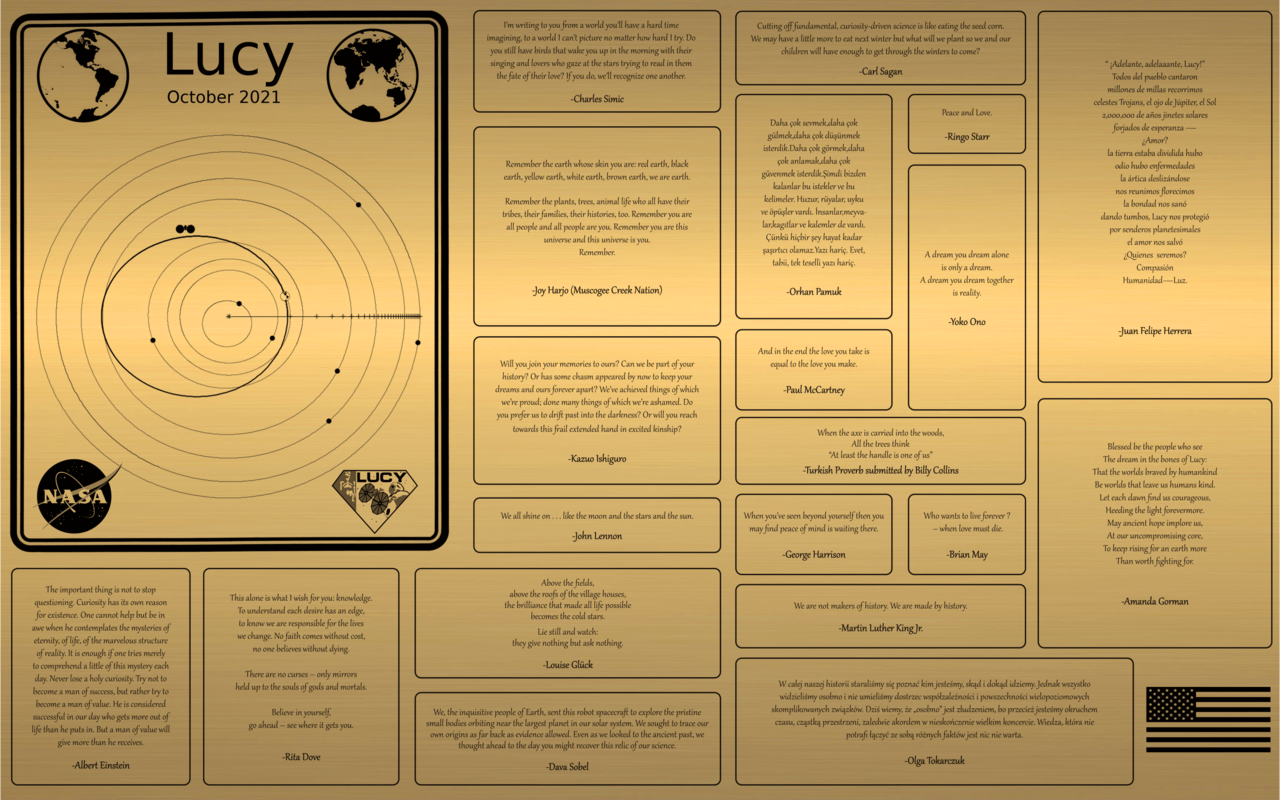 An image of the golden plaque being carried by the Lucy spacecraft. Credit: NASA