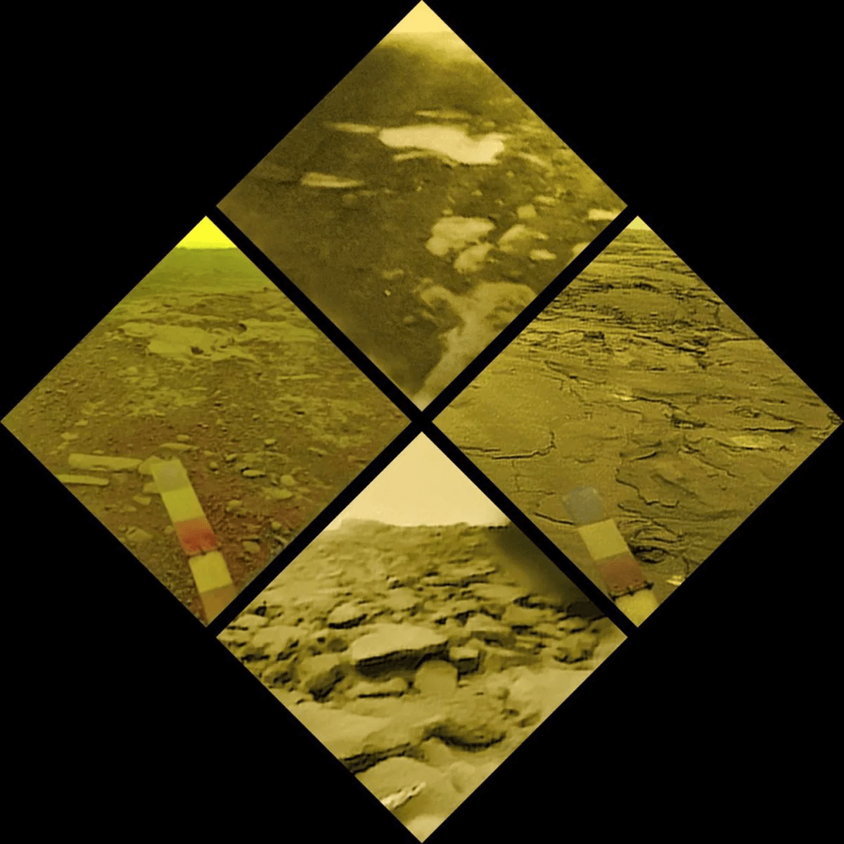 Images of the surface of Venus taken by Venera spacecraft. Clockwise from the top: Venera 10, Venera 14, Venera 9, and Venera 13. Credit: Russian Academy of Sciences/Ted Stryk