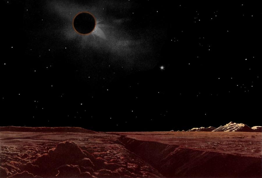An Artist’s painting imagining what a total lunar eclipse would look like from the surface of the Moon. Credit: Lucien Rudaux, Fabiofeminofantascience.org