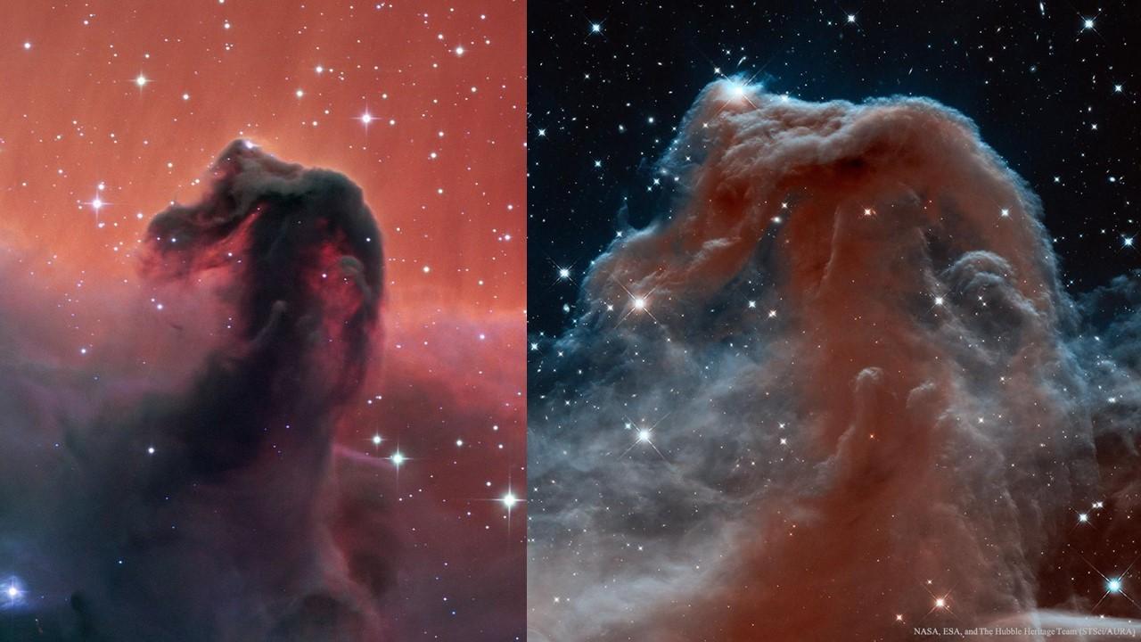 The Horsehead Nebula as seen in visible light (left) and infrared light (right). Credit: NASA/ESA/STScI/AURA/ESO