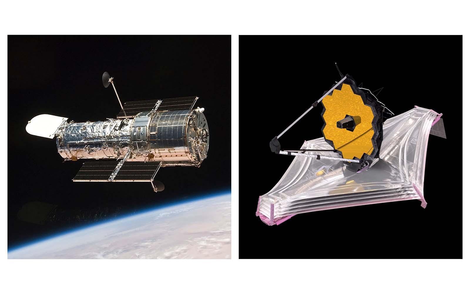 A photo of the Hubble Space Telescope and an artist’s illustration of the Webb Space Telescope. Credit: NASA