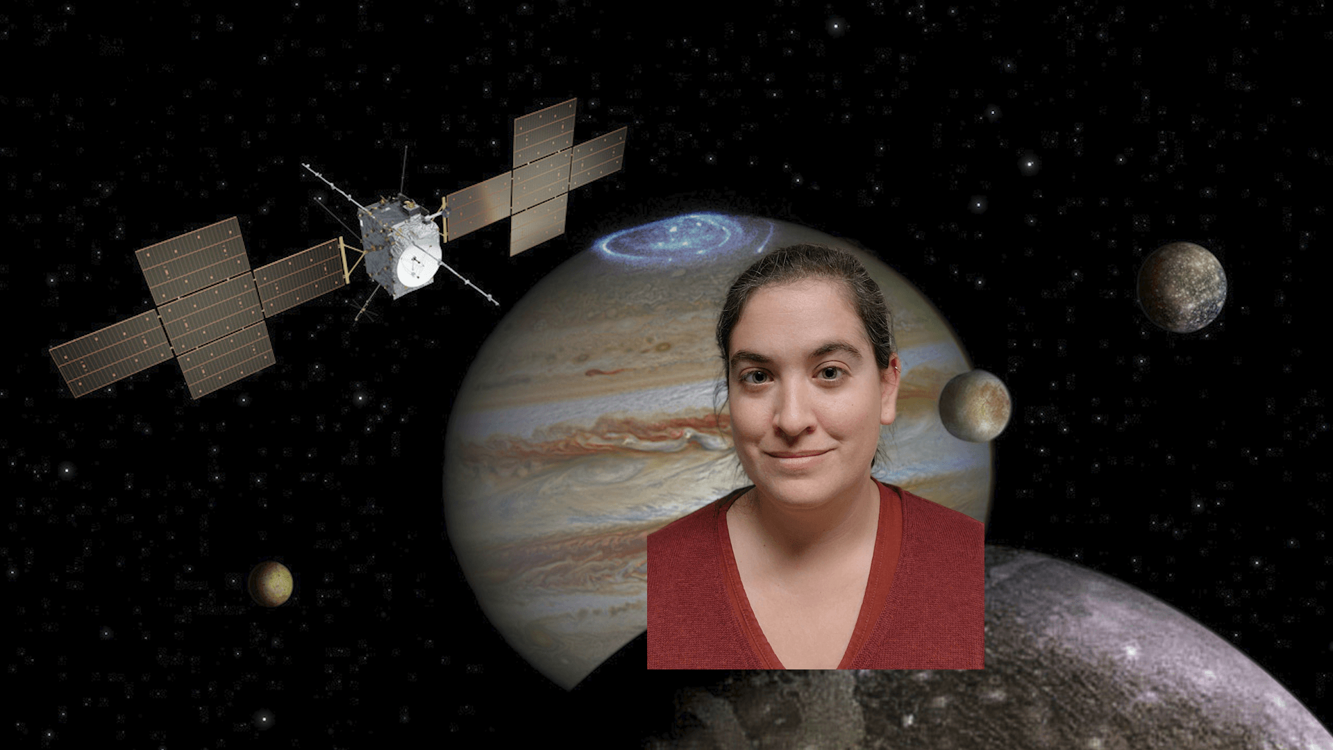 Talia in front of an image of the JUICE spacecraft and Jupiter