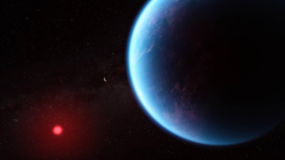 An artist’s illustration of the exoplanet K2-18b with its sun in the background. Credit: NASA/CSA/ESA/J. Olmstead (STScI)/N. Madhusudhan (Cambridge University)