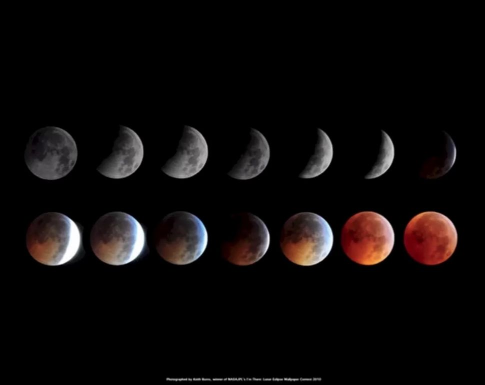 A series of photos showing the progression of the Moon into a total lunar eclipse. Credit; Keith Burns/NASA/JPL