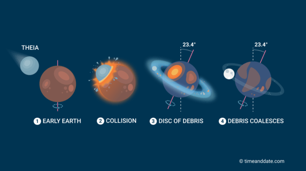 A diagram showing the basics of the Giant Impact Hypothesis. Credit: timeanddate.com