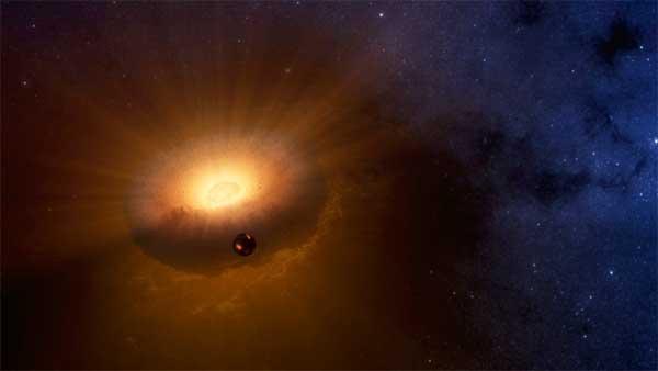 An artist’s concept showing what might have happened if Theia struck a pre-Earth and both were vaporized. In this depiction, the Moon has already coalesced on the outer edges of the cloud, while the rest of it will eventually coalesce to form the Earth. Credit: Sarah Stewart