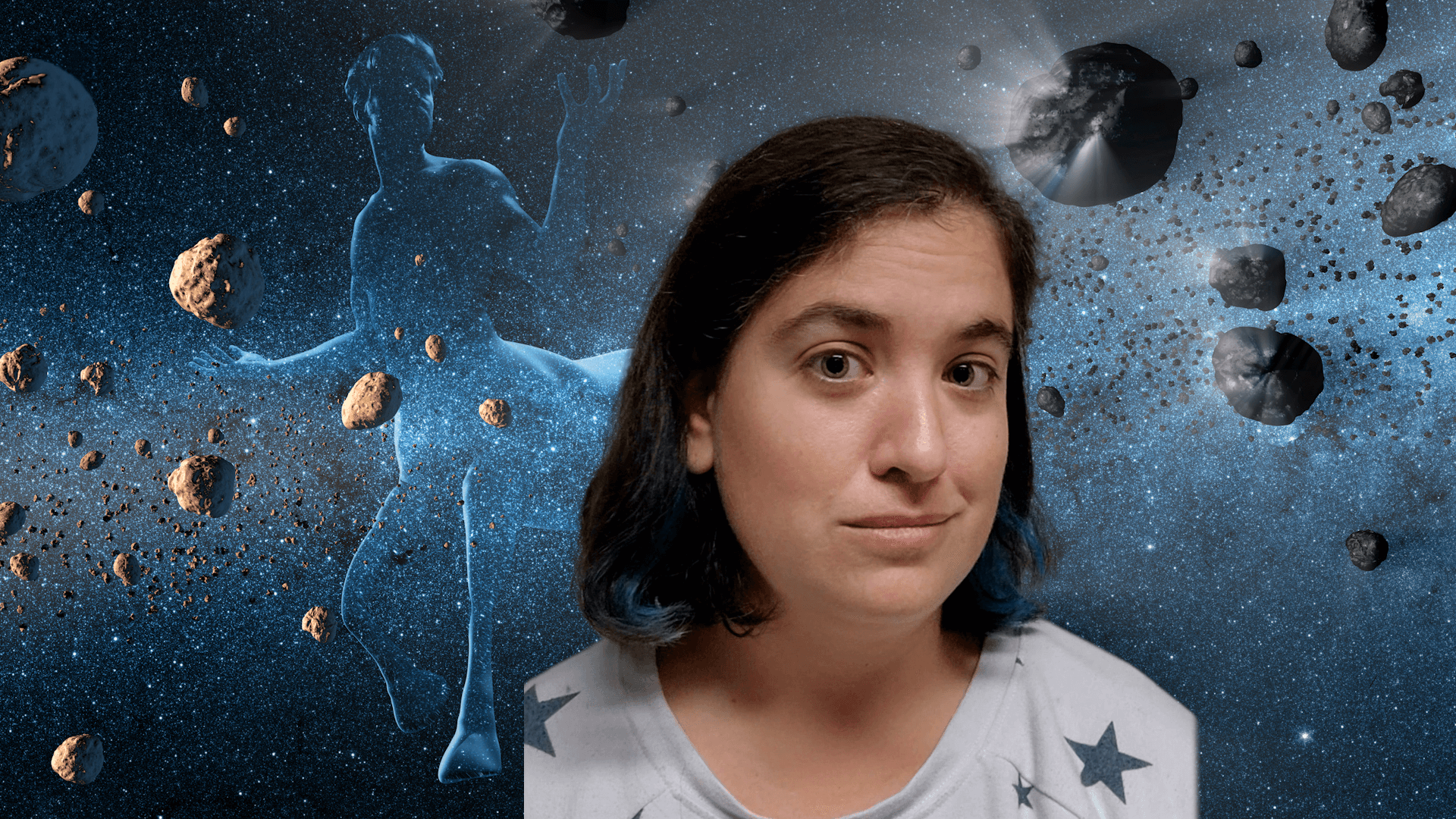 Talia in front of a composite image of asteroids and a centaur