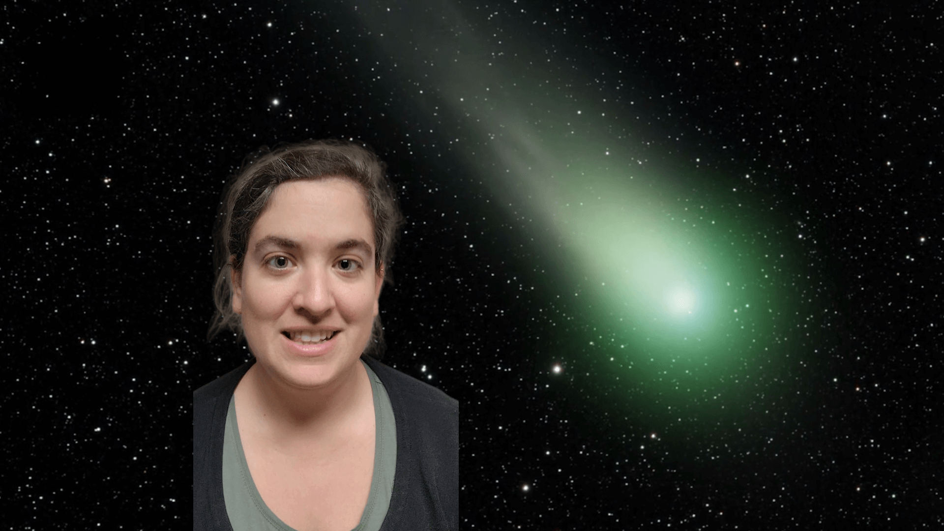 Talia with an image of a green comet in the night sky