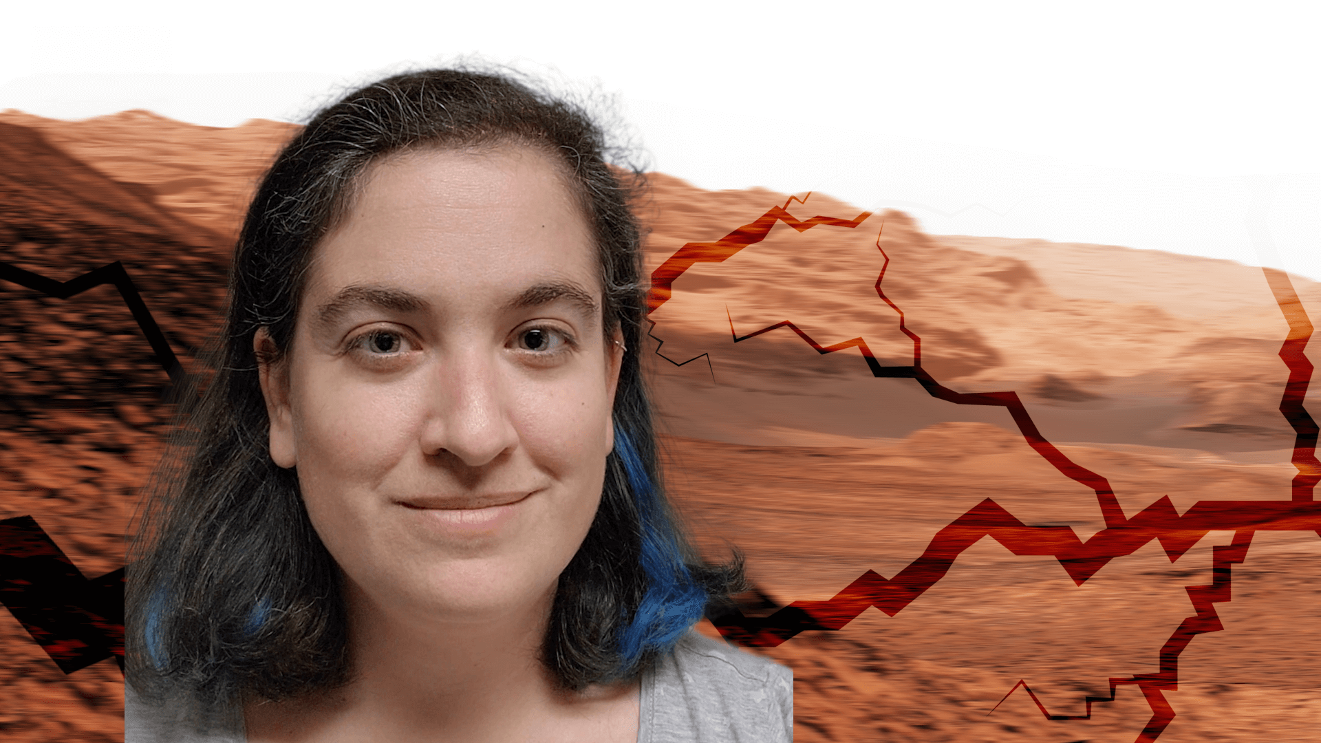 Talia with a desert landscape with cracks superimposed on it