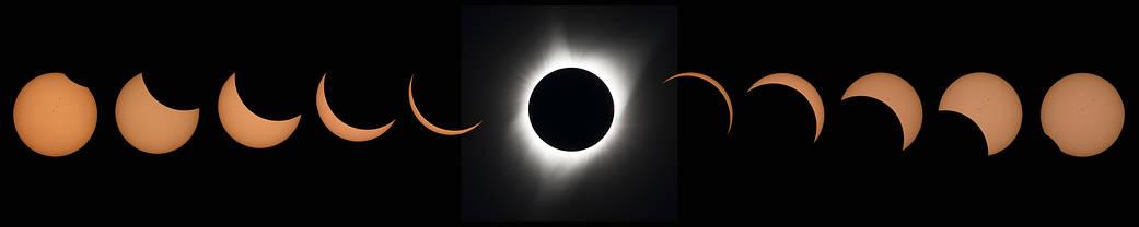 A series of photos showing the progression of a total solar eclipse. Credit: NASA/Aubrey Gemignani