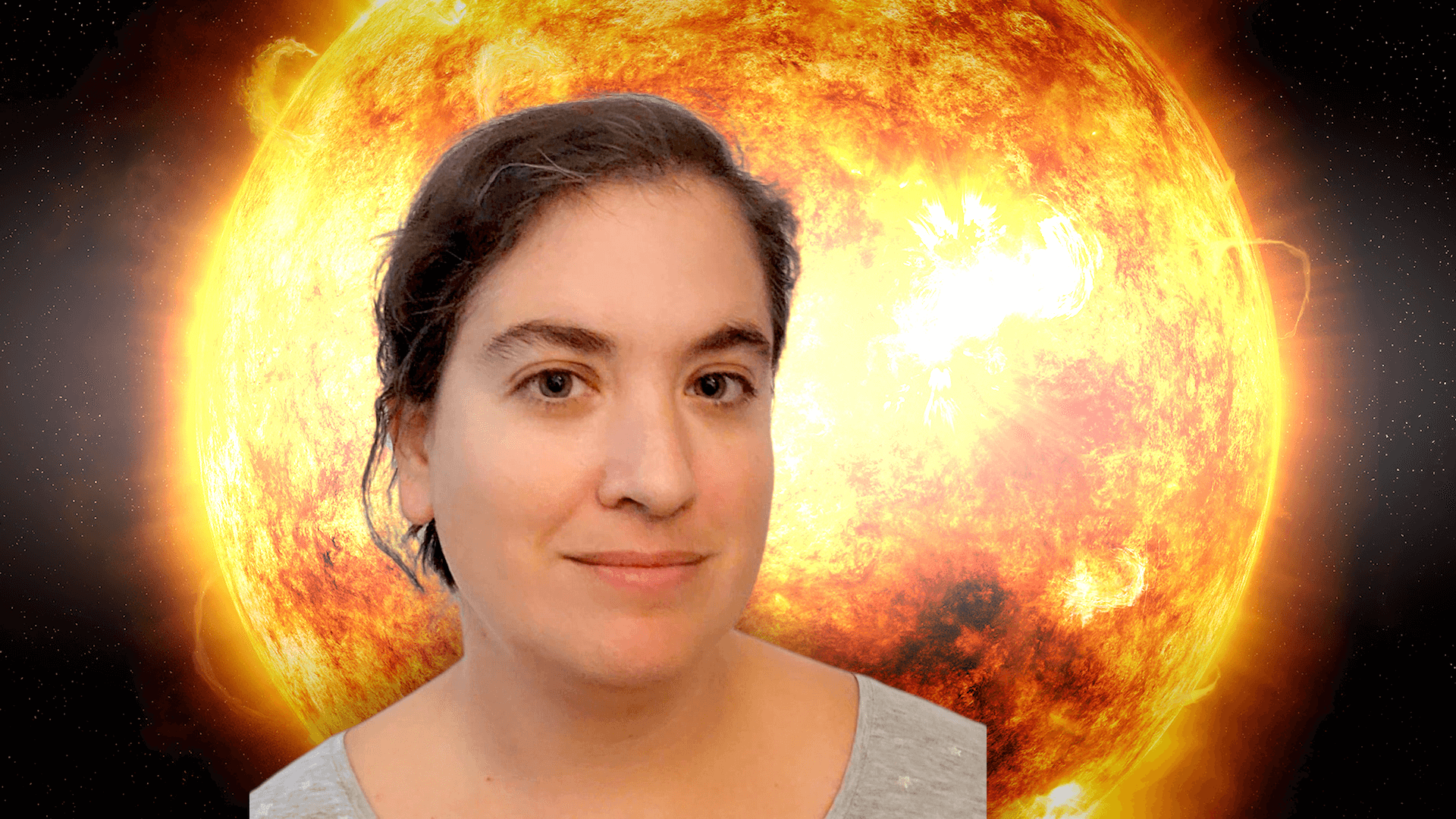 Talia in front of an image of the Sun