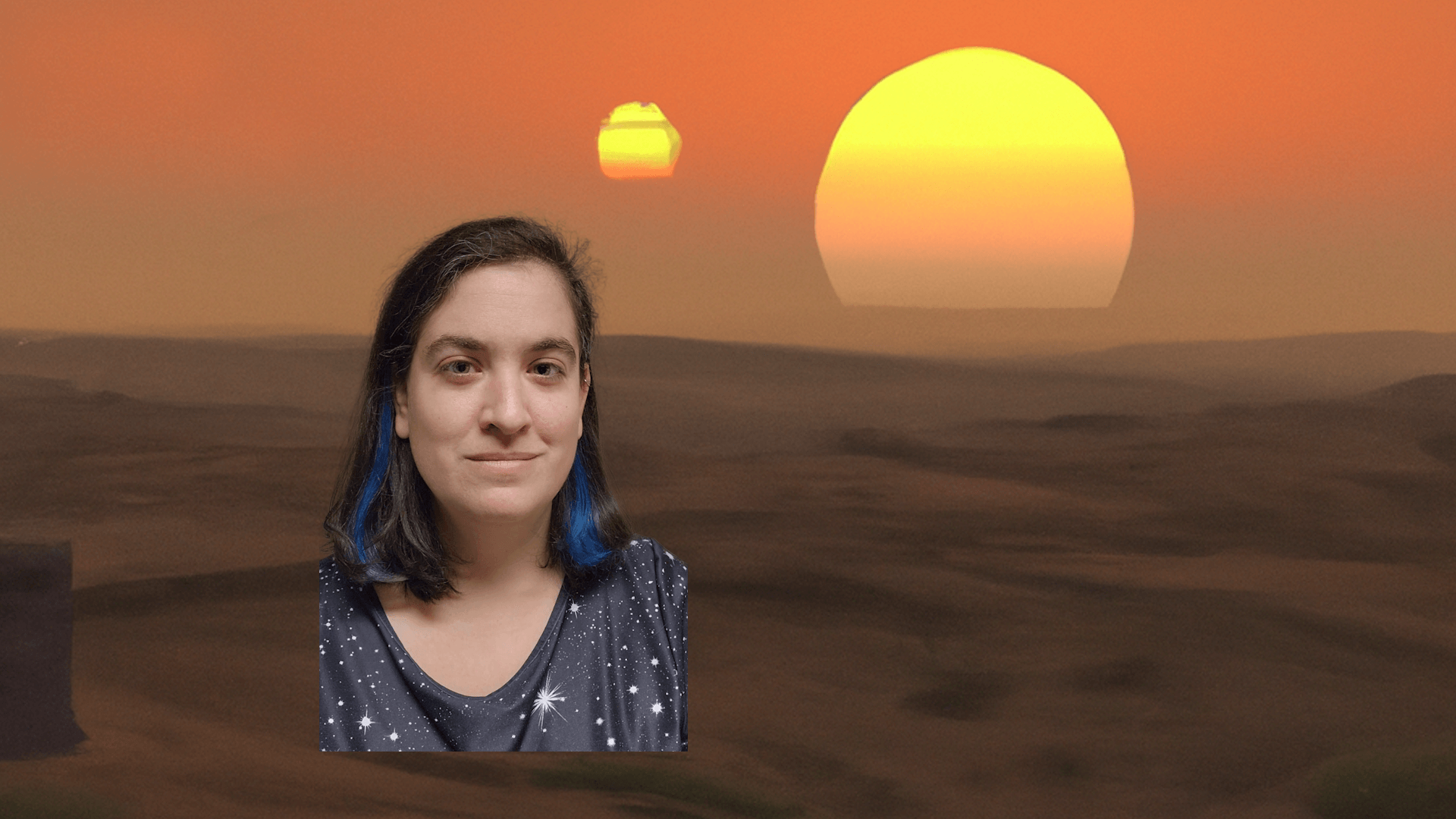 Talia with an image of a sunset with two suns