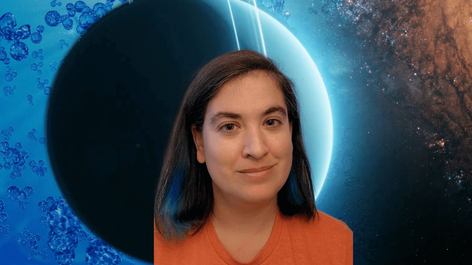 Talia with a composite image of a planet and water molecules