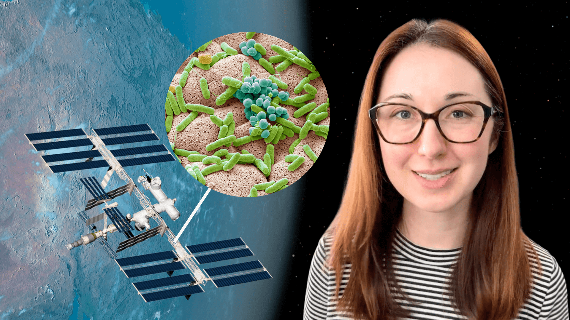 Alex Dainis with images of the ISS and microbes