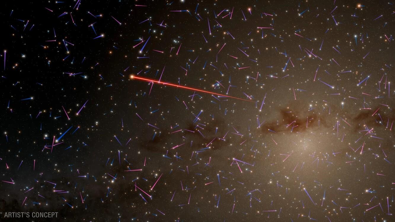 And artist’s illustration showing stars speeding around the center of the Milky Way. The trails are meant to indicate star movement, with longer trails indicating faster stars, while the colors indicate motion towards (blue) or away (red) from us. Credit: NASA/JPL-Caltech/R. Hurt
