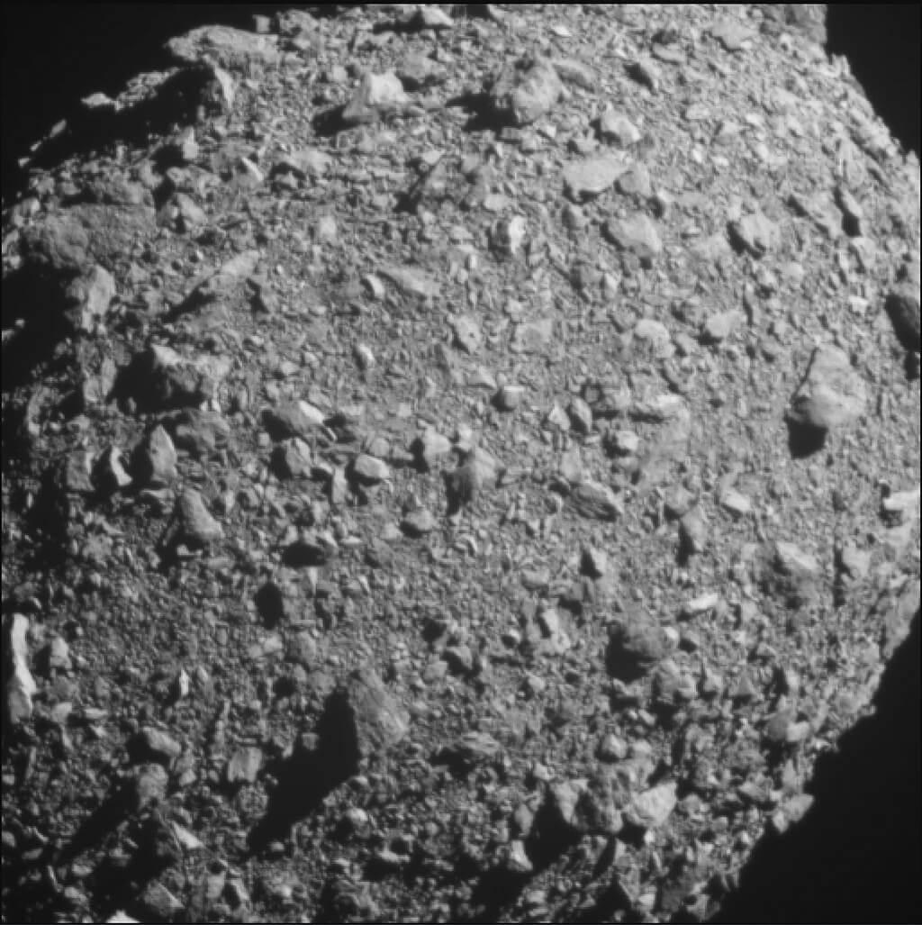 One of the final images of Dimorphos transmitted by the DART spacecraft approximately 3 seconds before impact. Credit: NASA/JHU-APL
