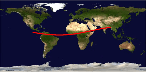 Based on the observations we currently have, this image outlines a possible risk corridor for a 2032 impact of Earth by 2024 YR4. Additional observations could result in this moving significantly. Credit: Daniel Bamberger