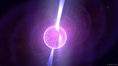 An artist’s rendition of a pulsar. When pulsars spin we see their bright magnetic beams (represented here as columns of light) as bright radio pulses that allow us to precisely time their spins. Credit: Kevin Gill