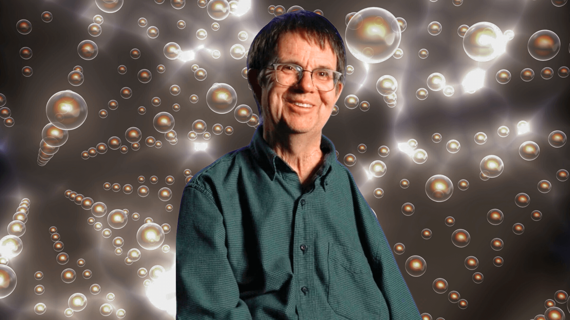 Eric Cornell in front of an artist rendering of antimatter