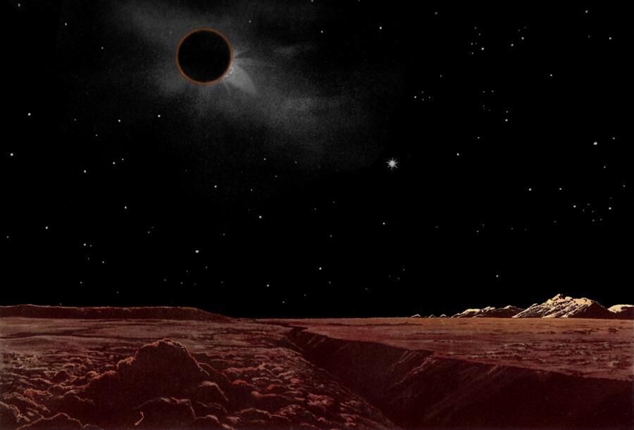 An artist’s painting imagining what a total lunar eclipse would look like from the surface of the Moon. Credit: Lucien Rudaux Fabio/feminofantascience.org