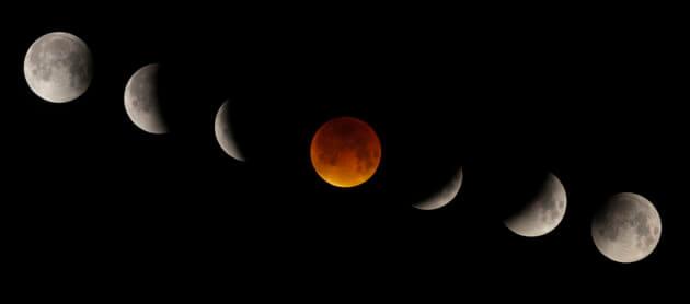 A photo series showing the Moon going through the various stages of a total lunar eclipse. Credit: Sean Walker