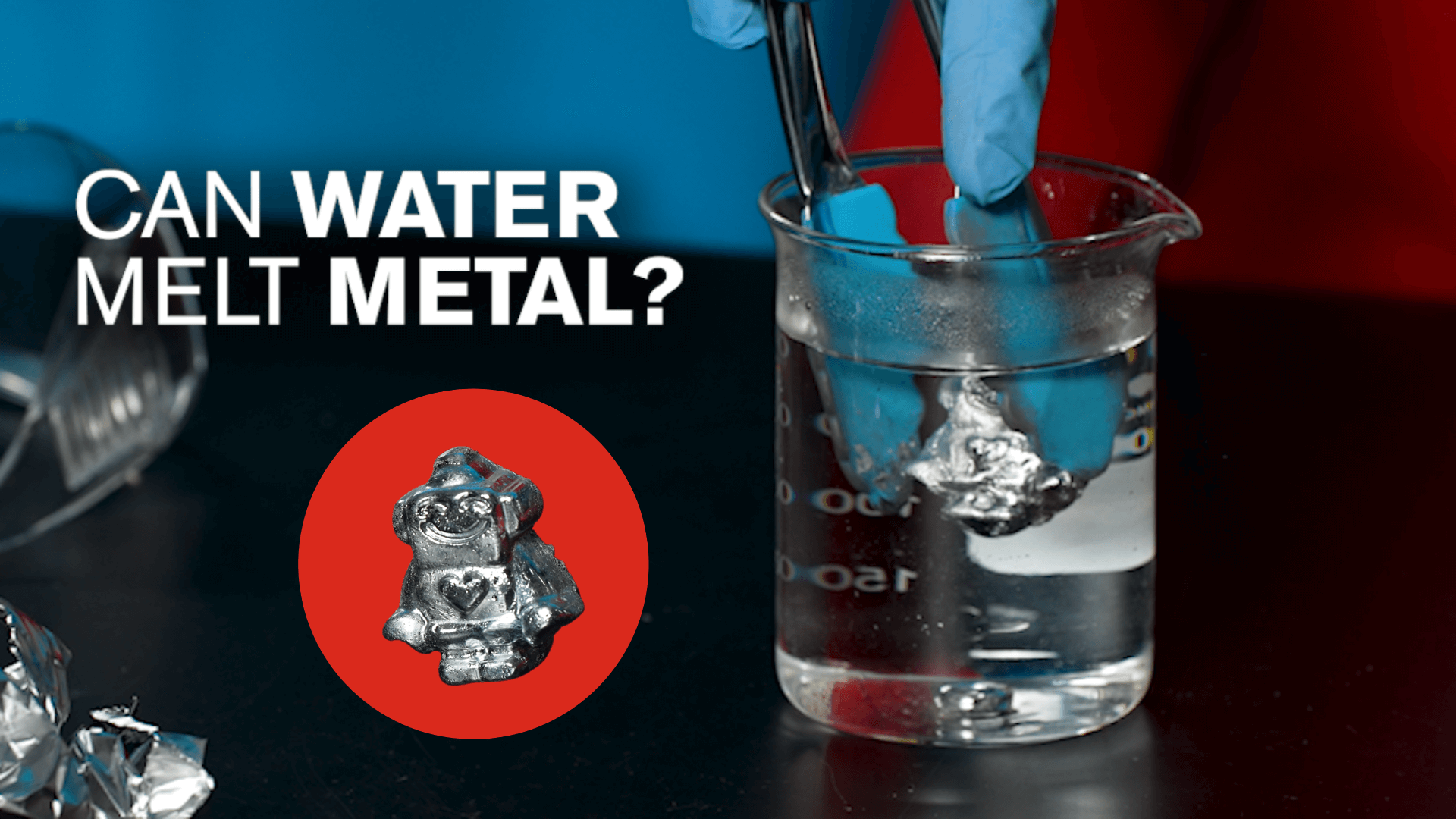 Text reading "Can water melt metal?" with a metal robot in a red circle and a beaker of water with metal held in it.