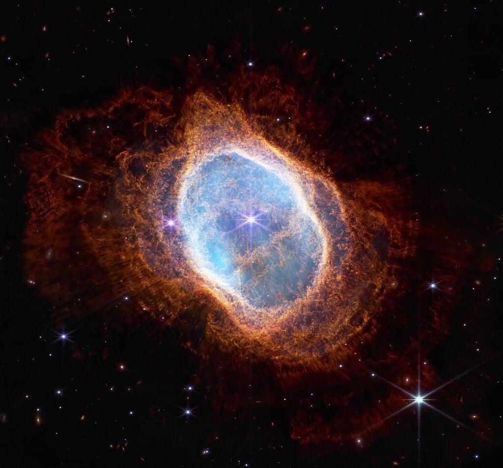 The planetary nebula known as the Southern Ring Nebula as imaged by the James Webb Space Telescope. Credit: NASA/ESA/CSA