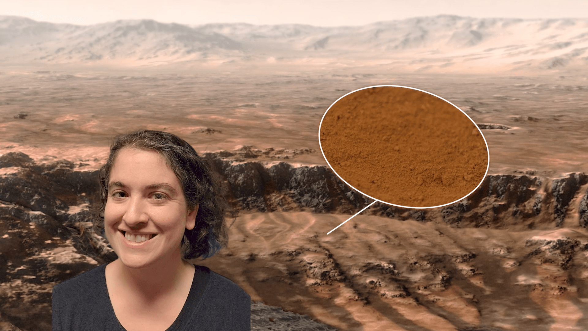 Talia smiling in front of a Martian landscape with a close up of the Martian soil