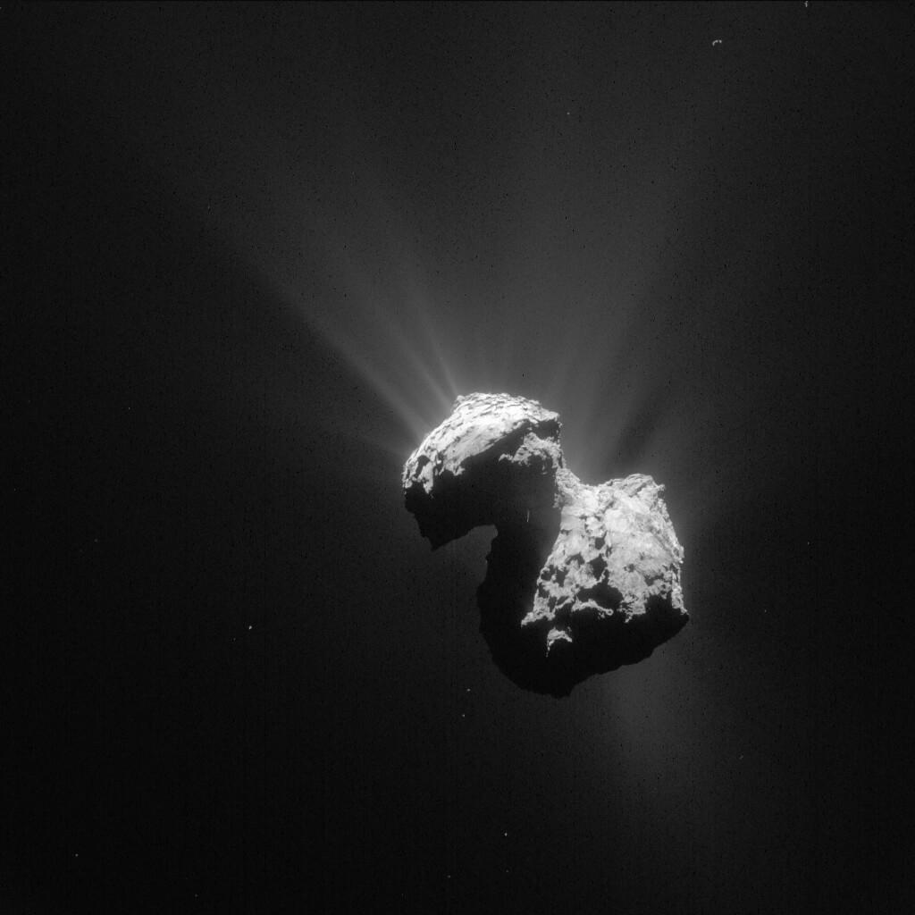 The comet 67p/Churyumov-Gerasimenko as seen by the Rosetta spacecraft. Credit: ESA