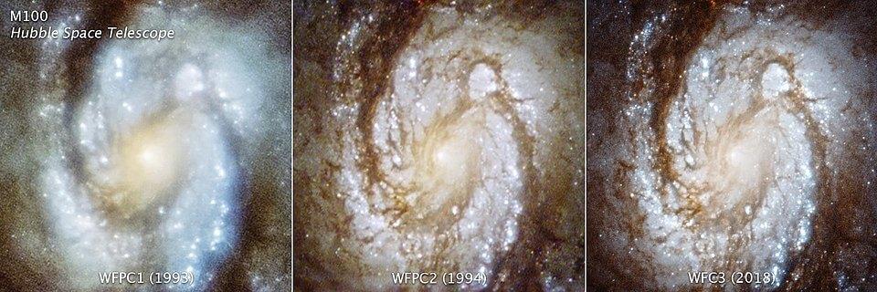 Hubble images of the galaxy M100, from left to right: before the first servicing mission, after the first servicing mission, after the last servicing mission. Credit: NASA/ESA/STScI/Judy Schmidt