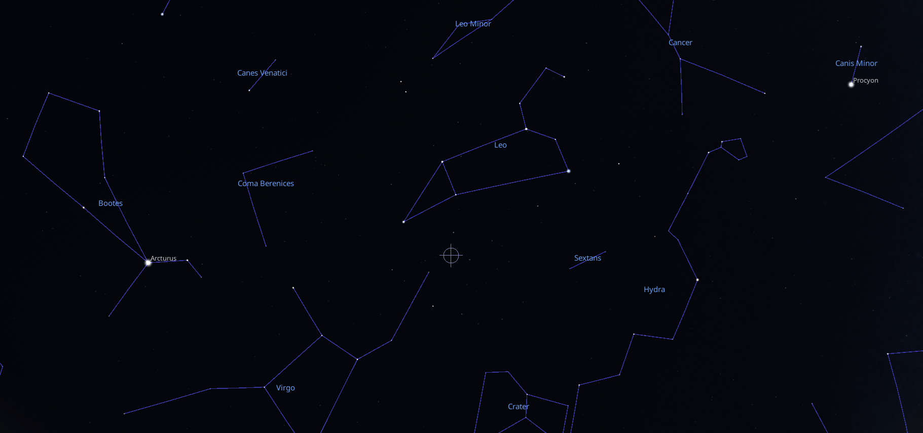 The crosshair shows the approximate position of K2-18b in Earth’s sky. Credit: Stellarium