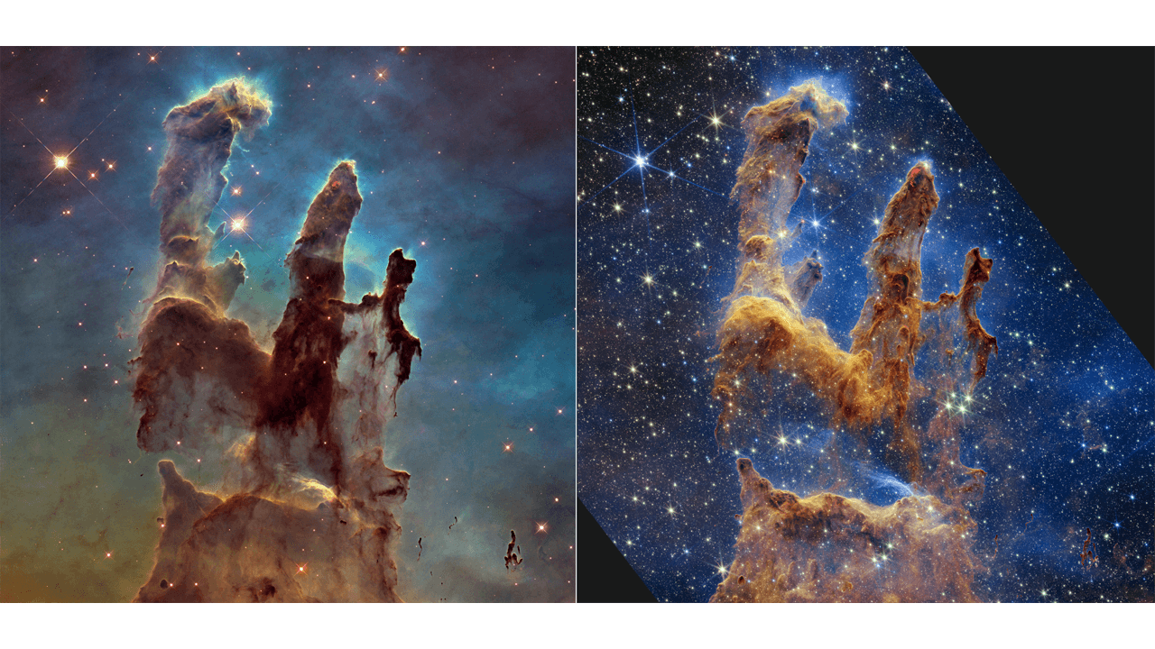 The so-called Pillars of Creation in the Eagle Nebula as imaged by Hubble (left) and Webb (right). Credit: NASA/ESA/CSA/STScI
