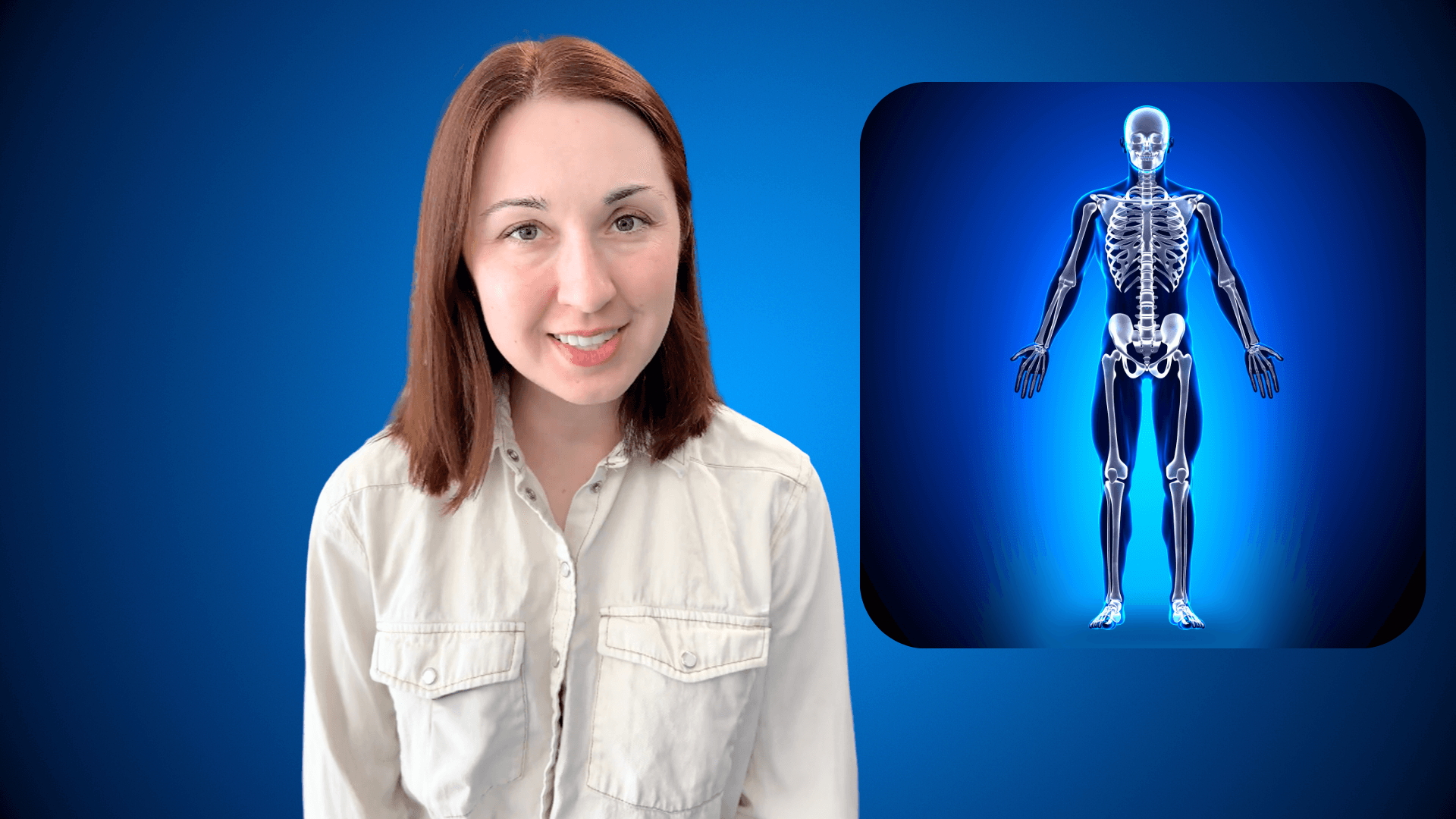 Alex Dainis in front of a rendering of the human skeletal system
