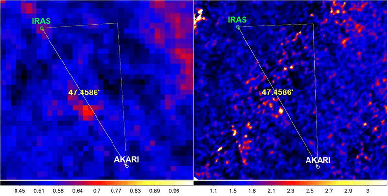 The two infrared surveys used in this study. IRAS is on the left, AKARI on the right, with the position of the planetary candidate in both surveys marked on each. Credit: Phan et al (2025)