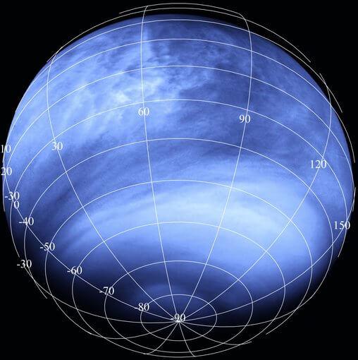 Venus as seen in UV light. The dark streaks indicate where something is absorbing UV light in large amounts. Credit: ESA/MPS/DLR/IDA