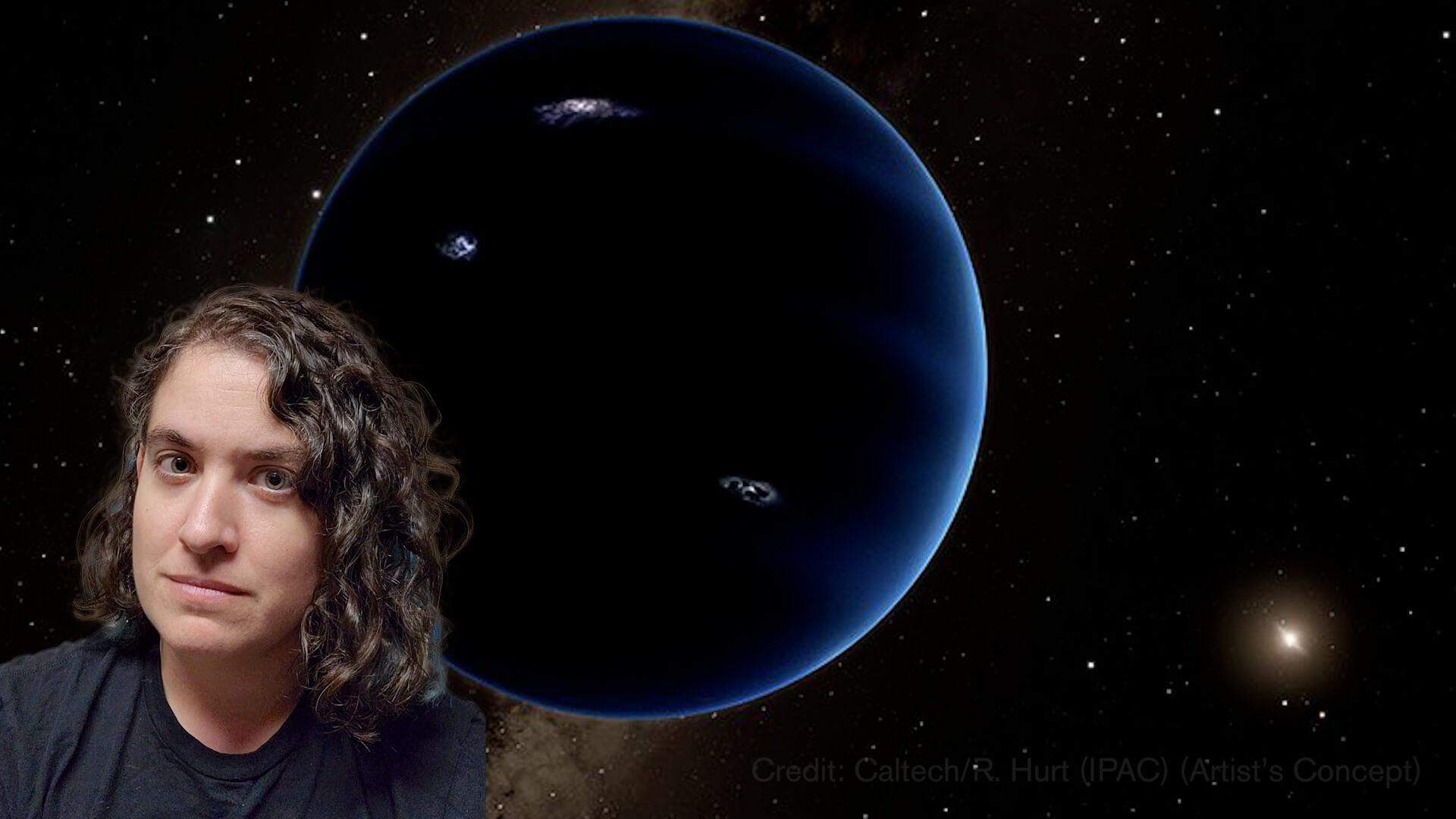 Talia with a mysterious blue planet behind her.